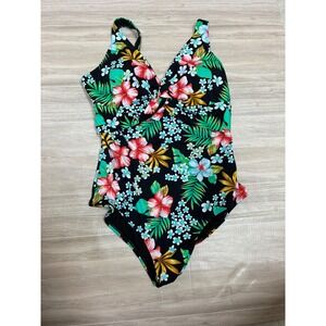 As Rose Rich Womens One Piece Swimsuit Tropical Floral UPF 50+ Black Size L NWT
